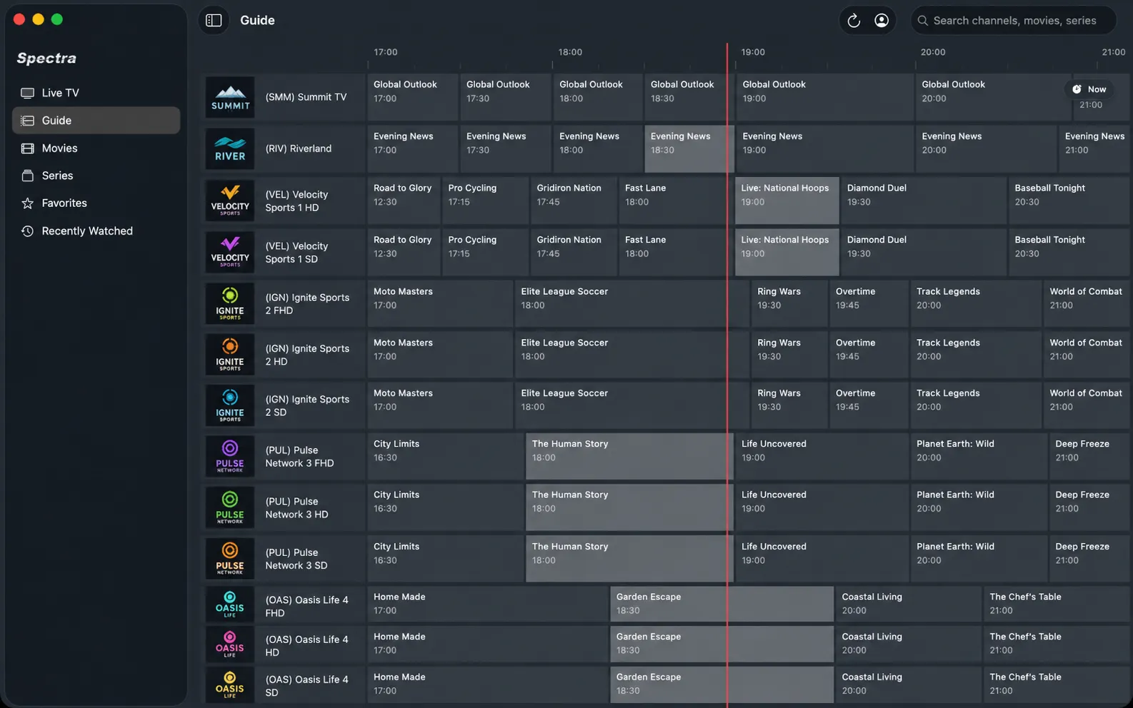 Spectra's EPG guide: a programme grid with a pinned channel column and now-playing indicator