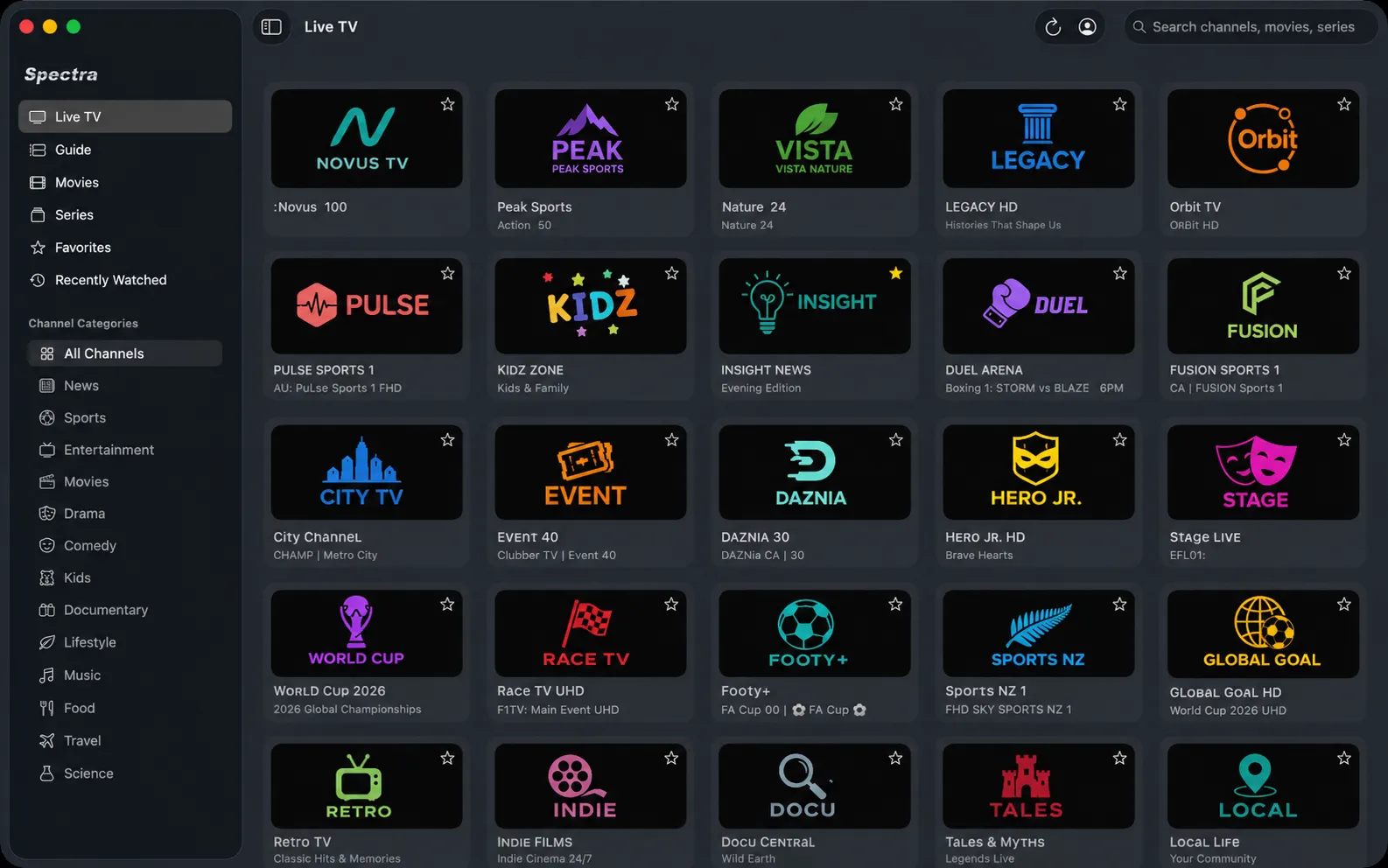 Spectra's Live TV grid with category sidebar and channel search