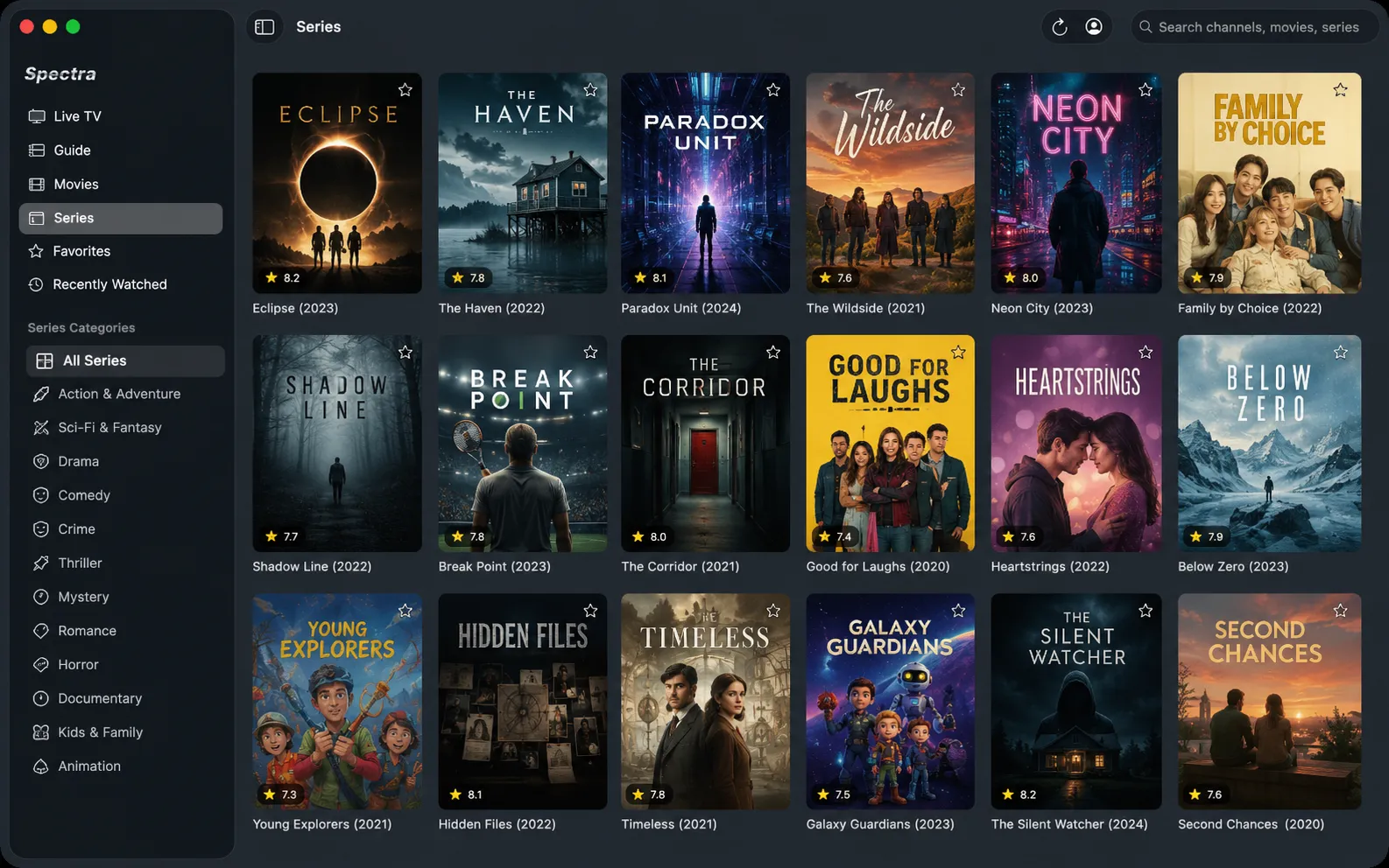 Spectra's series view with seasons, episodes, and resume support